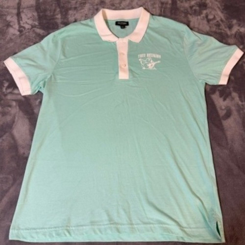 True Religion Mens 2XL Mint Green White Contrast Trim Buddha Logo Polo Shirt